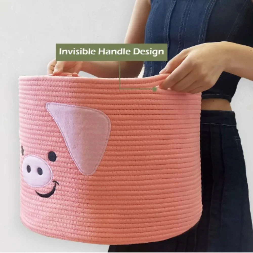 Cute Pink Pig Cotton Rope Basket - Laundry Basket/ Nursery Basket Organizer